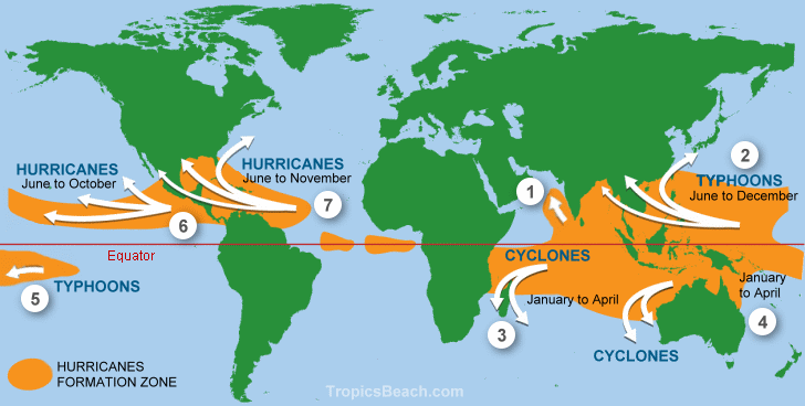 World map of cyclones, hurricanes and typhoons